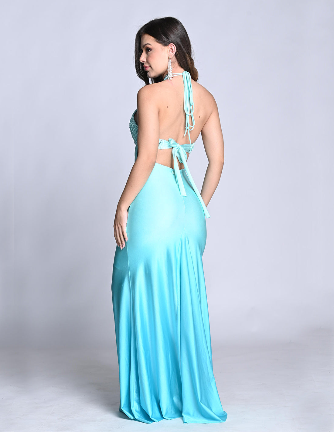 Vestido Kai Turquoise. Vestido Con Macramé Y Teñido A Mano Color Turquoise