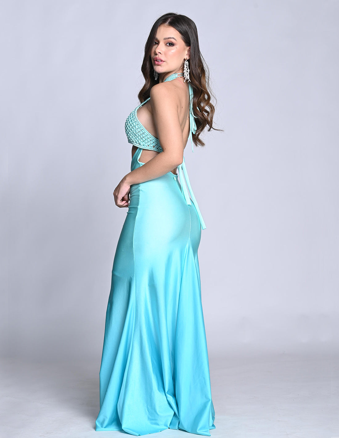 Vestido Kai Turquoise. Vestido Con Macramé Y Teñido A Mano Color Turquoise