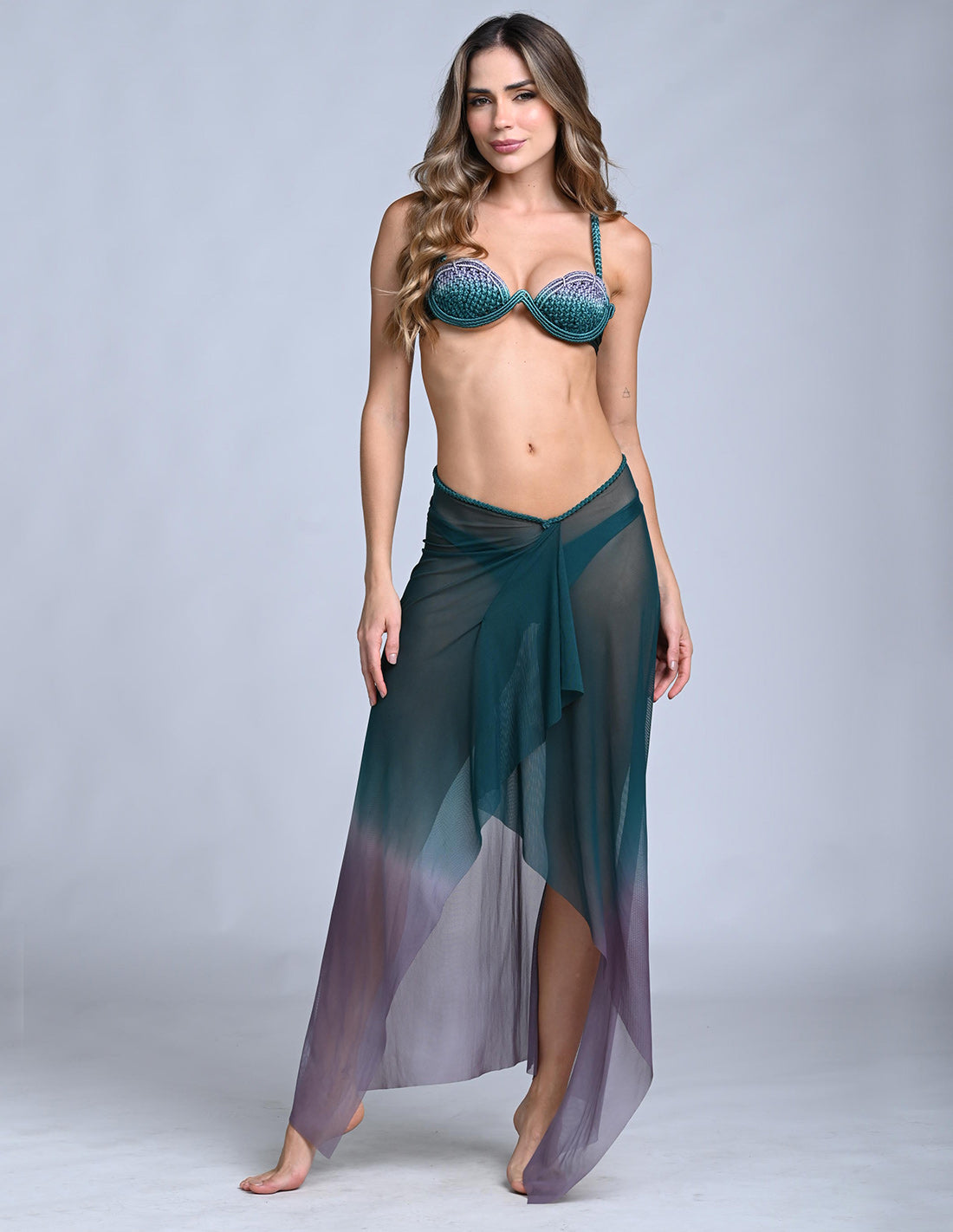 Falda Tera Gray + Boreal Green. Falda Con Macramé Y Teñido A Mano Color Gray + Boreal Green