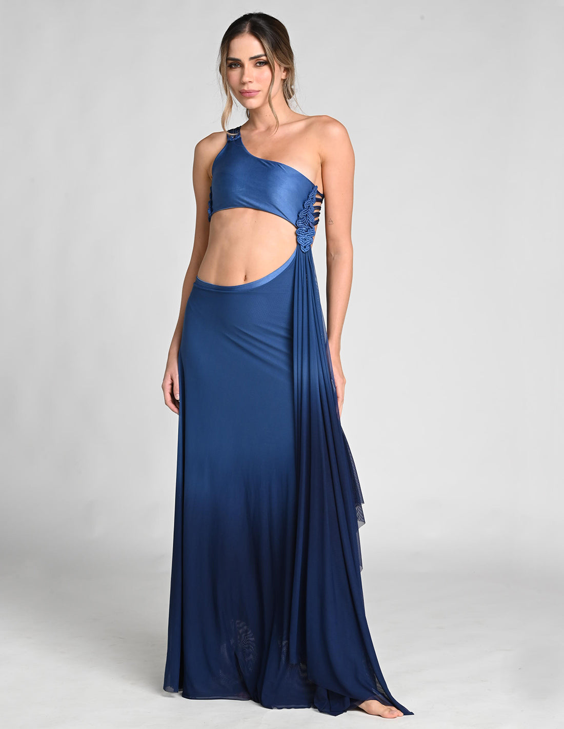 Falda Kiva Blue Stone + Night Blue. Falda Con Macramé Y Teñido A Mano Color Blue Stone + Night Blue