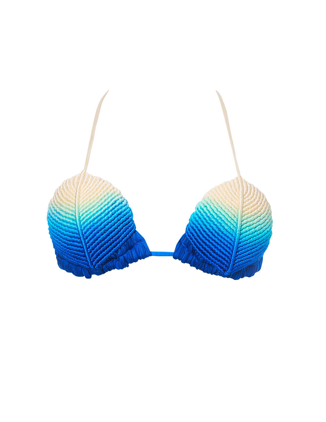 Top Shells Ivory + Turquoise + King Blue. Bikini Top Con Macramé Y Teñido A Mano Color Ivory + Turquoise + King Blue