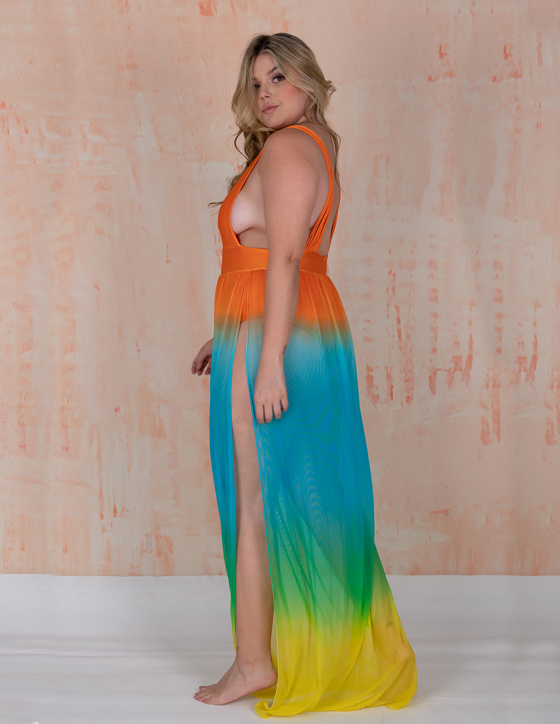 Vestido New Coralito Orange + Blue + Green + Yellow. Vestido Teñido A Mano Color Orange + Blue + Green + Yellow. Entreaguas