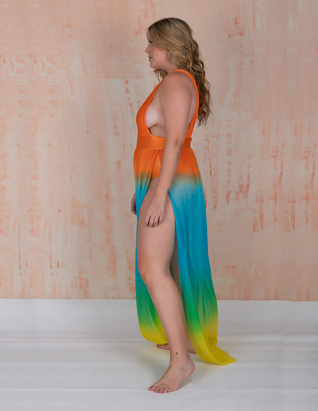 Vestido New Coralito Orange + Blue + Green + Yellow. Vestido Teñido A Mano Color Orange + Blue + Green + Yellow. Entreaguas