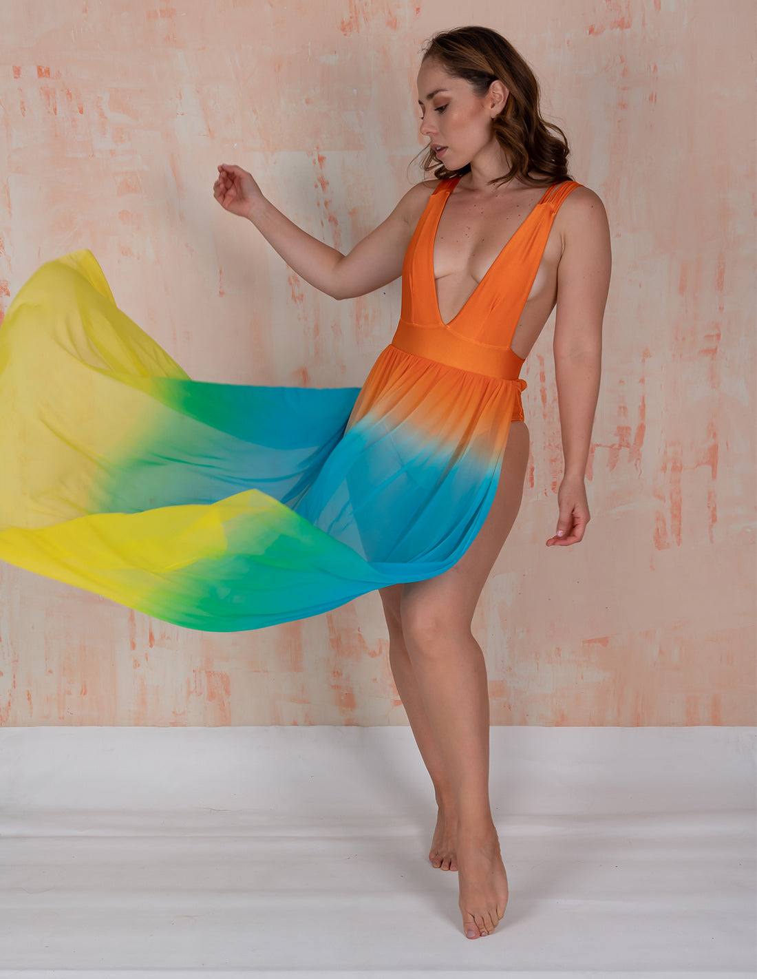 Vestido New Coralito Orange + Blue + Green + Yellow. Vestido Teñido A Mano Color Orange + Blue + Green + Yellow. Entreaguas