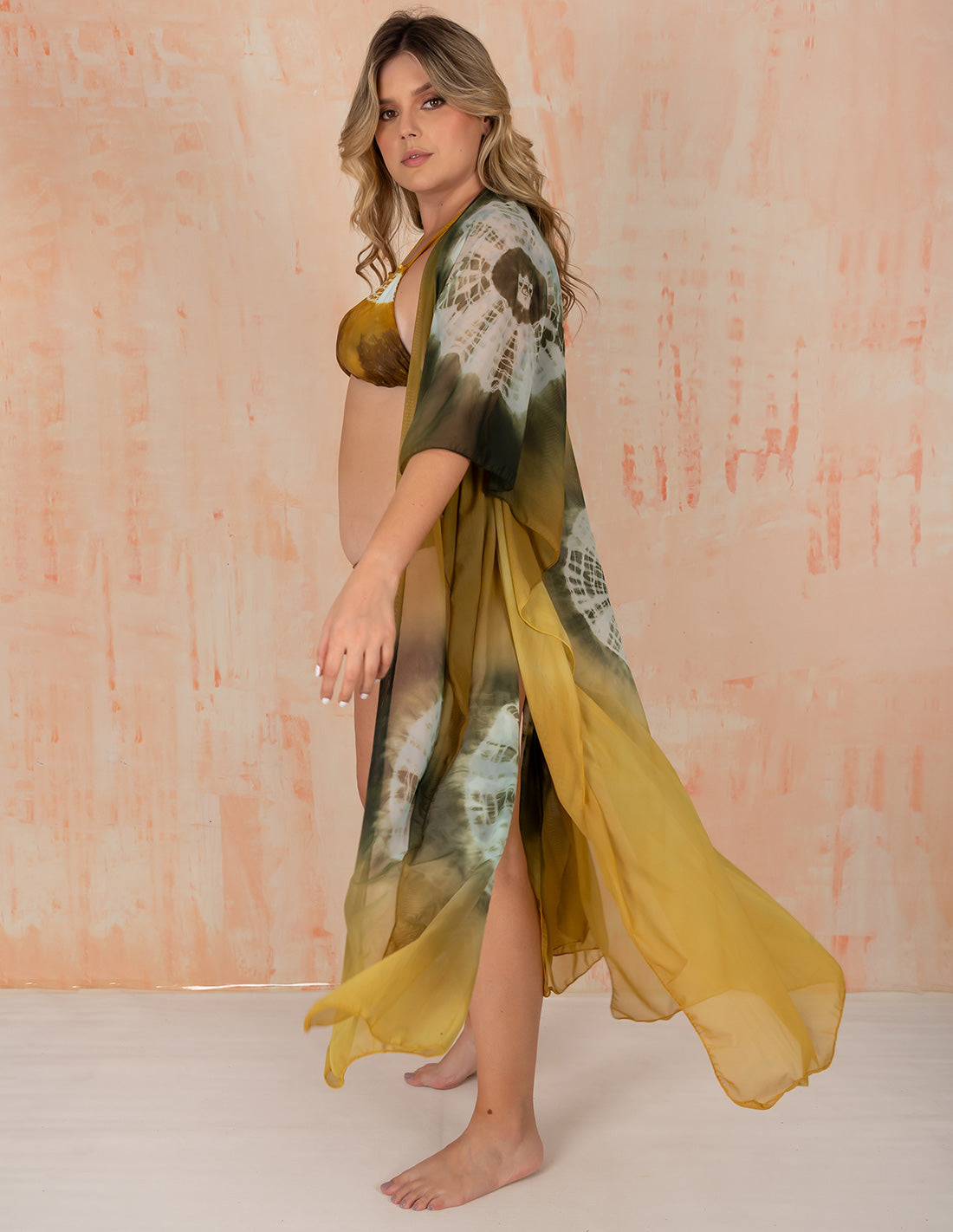 Kimono Fly Lima + Dark Green + Mint Green. Salida De Baño Kimono Teñido A Mano Color Lima + Dark Green + Mint Green. Entreaguas