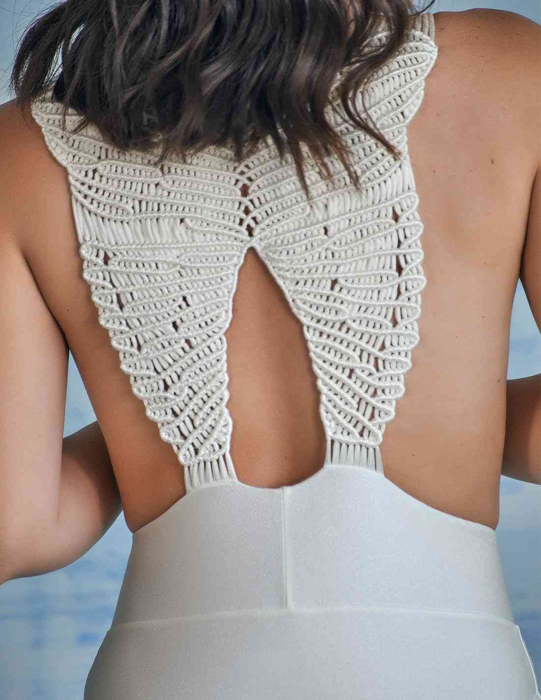 Body Feather Marfil. Body Con Macramé Color Marfil. Entreaguas
