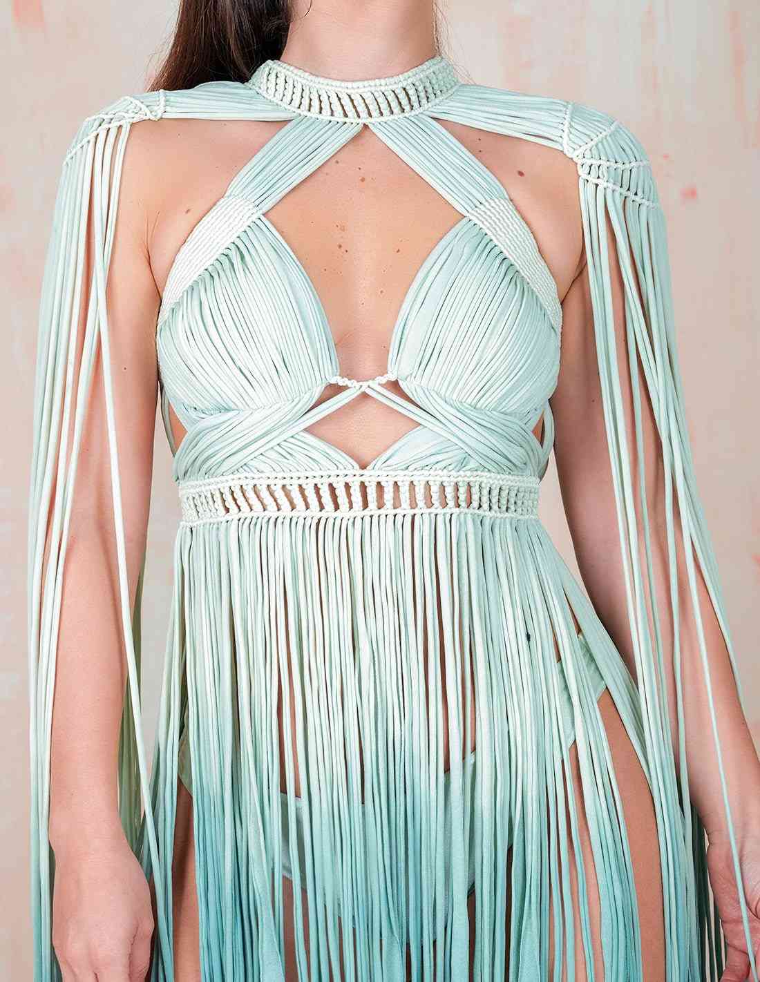 Vestido Cadere. Vestido Con Macramé Y Teñido A Mano. Entreaguas