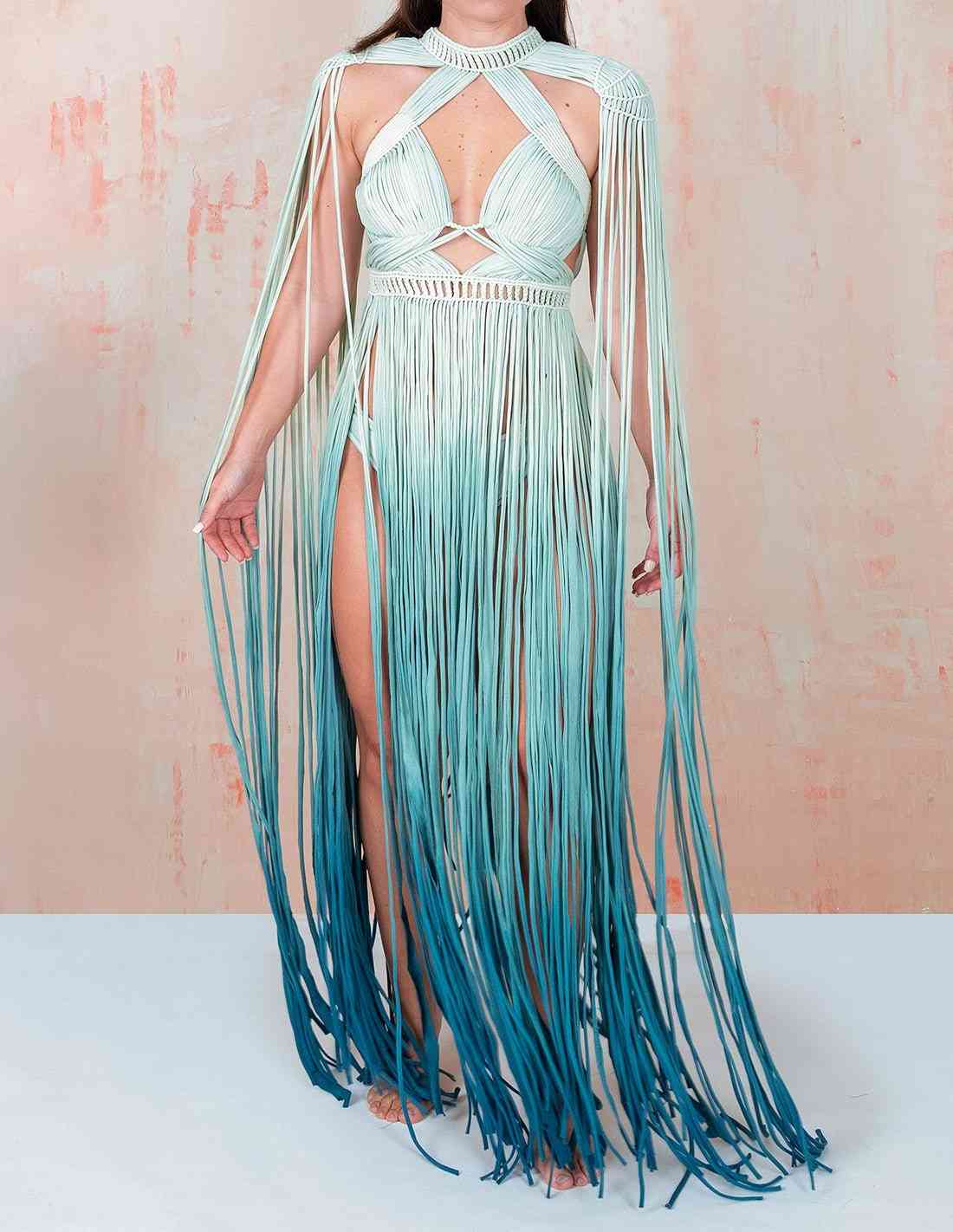 Vestido Cadere. Vestido Con Macramé Y Teñido A Mano. Entreaguas