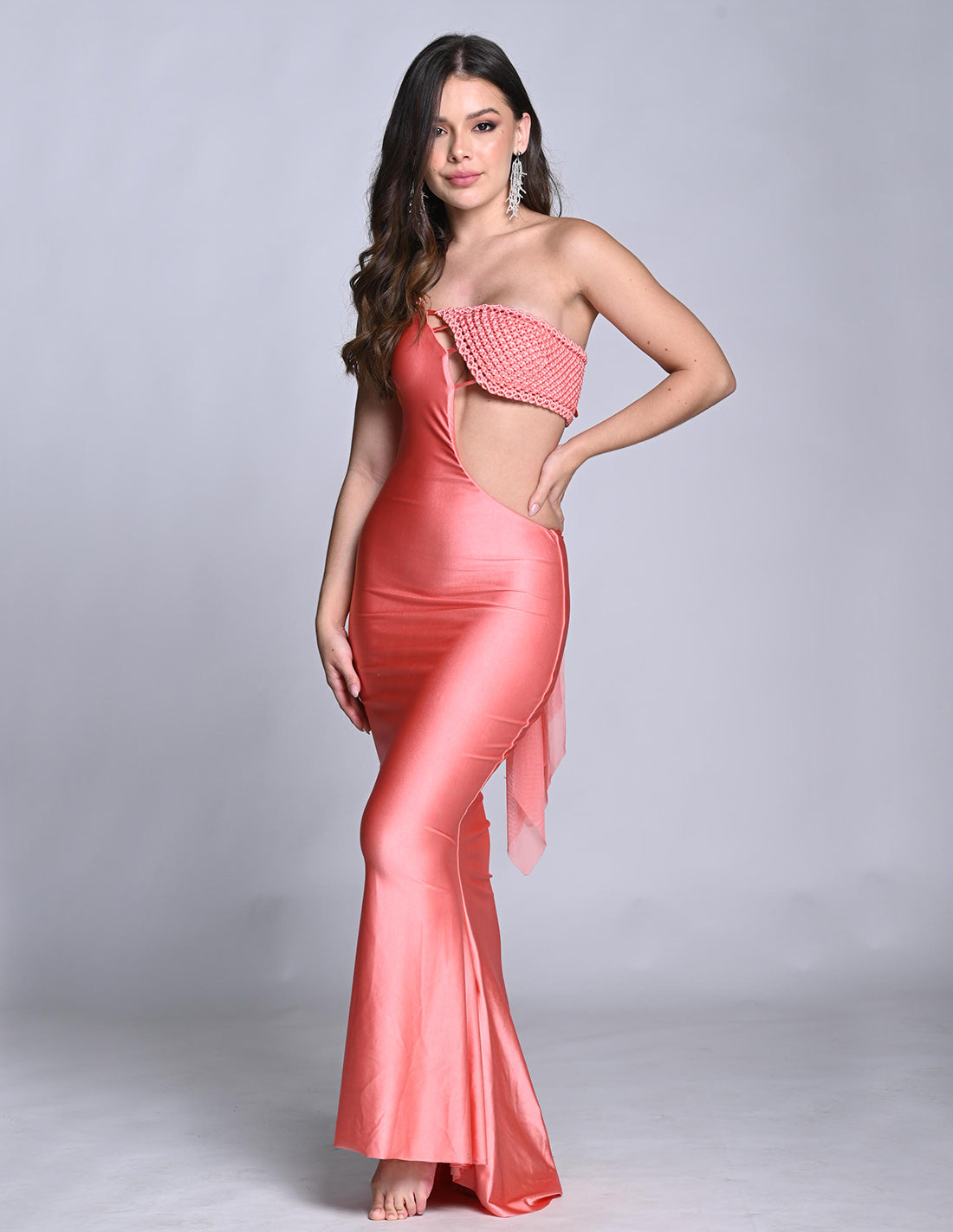 Vestido Kesha Salmon. Vestido Con Macramé Y Teñido A Mano Color Salmon
