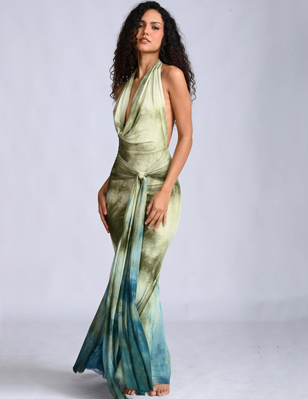 Vestido Elissa Spotted Turf Green + Oil. Vestido Teñido A Mano Color Spotted Turf Green + Oil