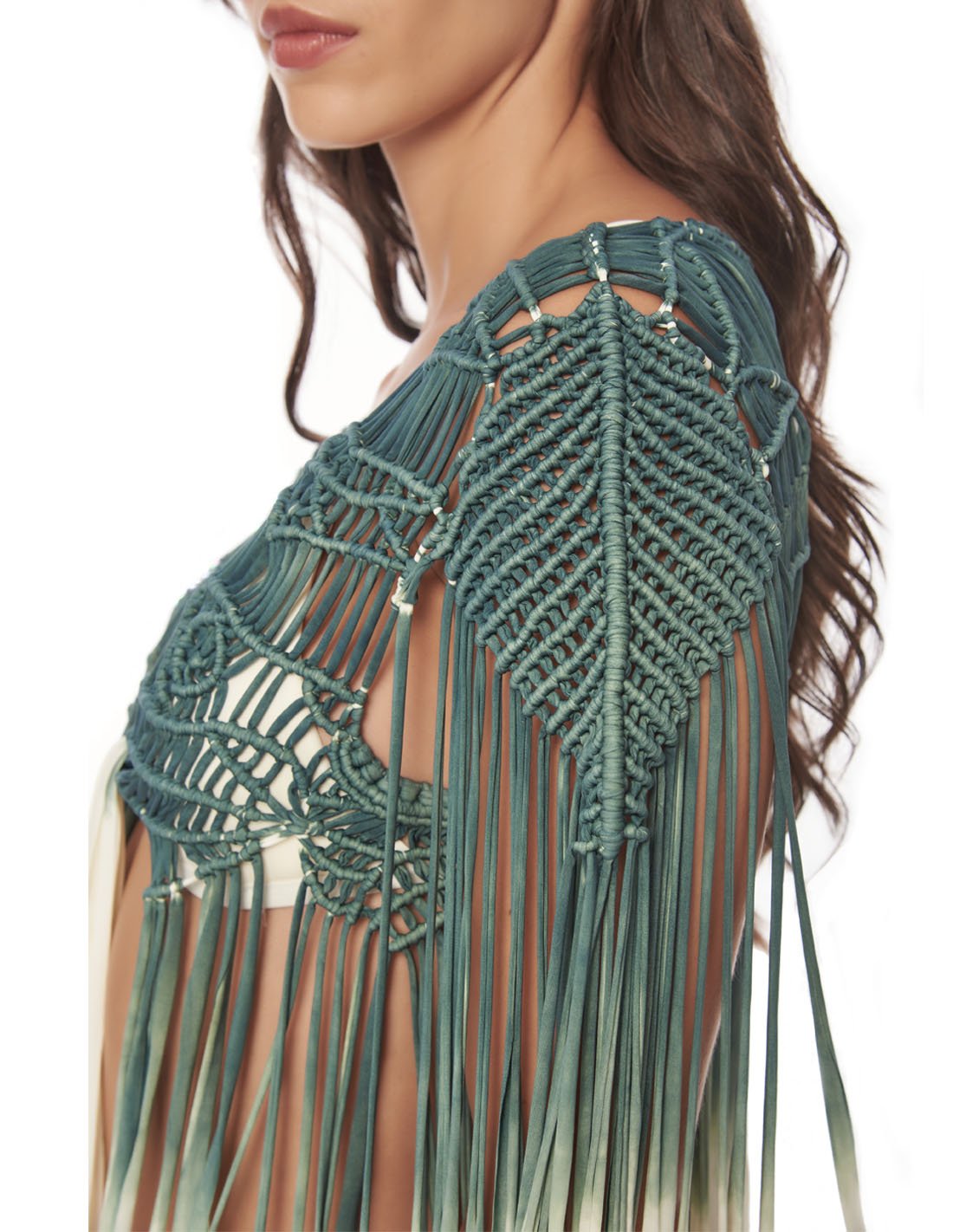 Cardigan Stem Dusk Fall Sky. Cardigan Con Macramé Y Teñido A Mano Color Dusk Fall Sky. Entreaguas